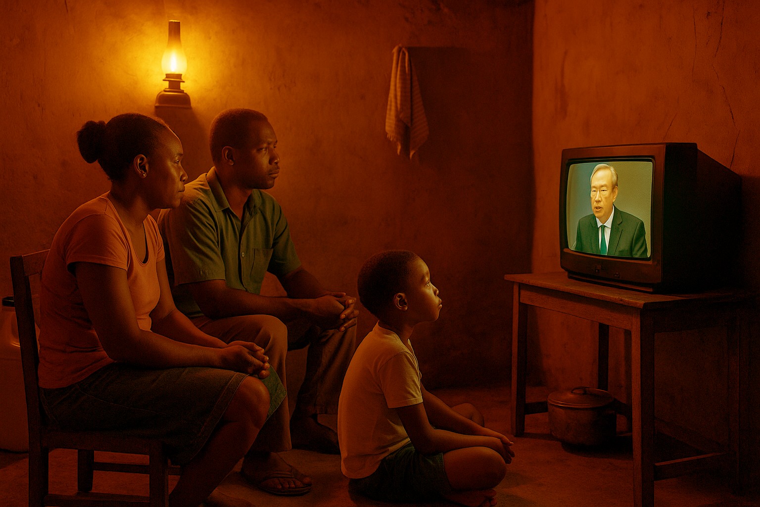 Eine haitianische Familie sitzt gemeinsam vor einem alten Fernseher und verfolgt eine Rede eines Mannes im Anzug. Das blaue Licht des Bildschirms fällt auf ihre ernsten Gesichter, während eine Petroleumlampe den Raum zusätzlich erhellt.
