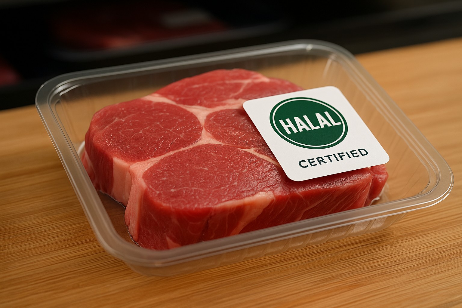 Nahaufnahme einer vakuumverpackten Rindfleischschale mit einem deutlich sichtbaren grünen Etikett, auf dem in englischer Sprache „HALAL CERTIFIED“ steht.