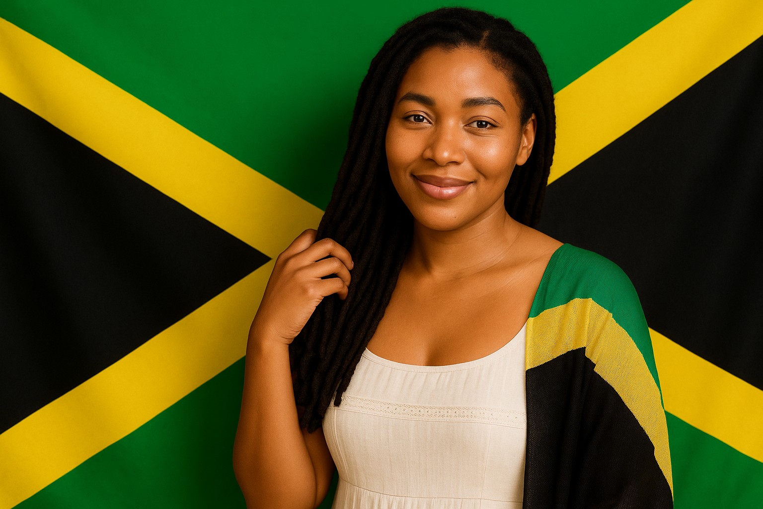 Halbnahes Porträt einer jungen Jamaikanerin vor der Flagge