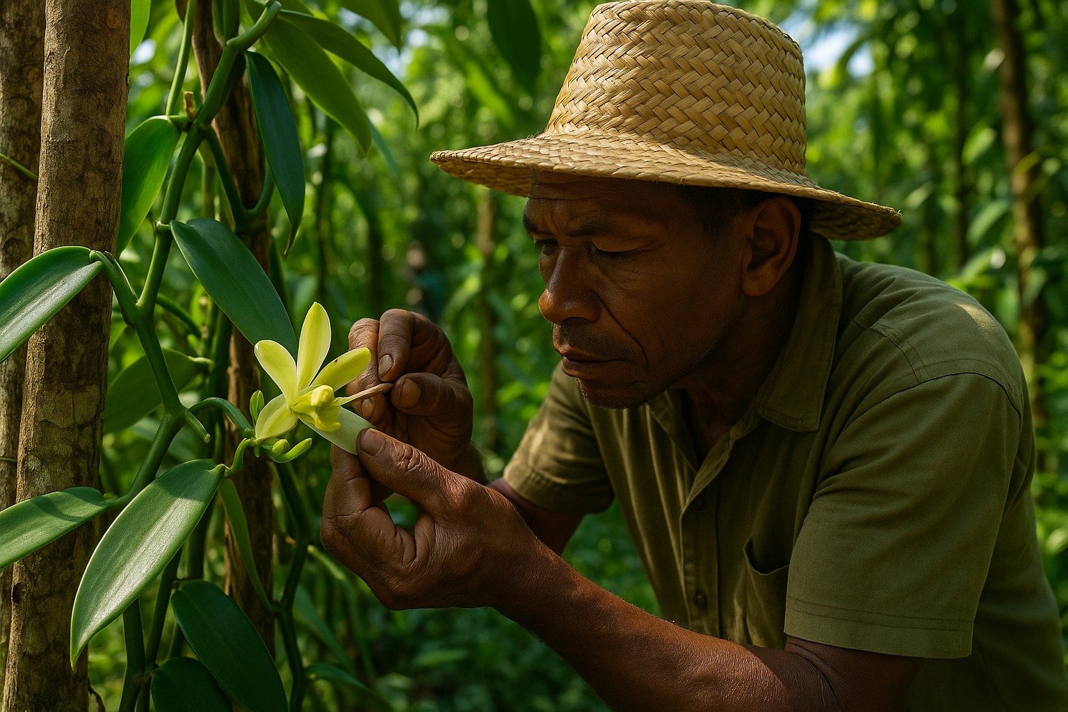 Ein madagassischer Landwirt bestäubt sorgfältig eine Vanilleblüte von Hand mit einem dünnen Holzstäbchen, während er sich unter tropischem Sonnenlicht über die Pflanze beugt.