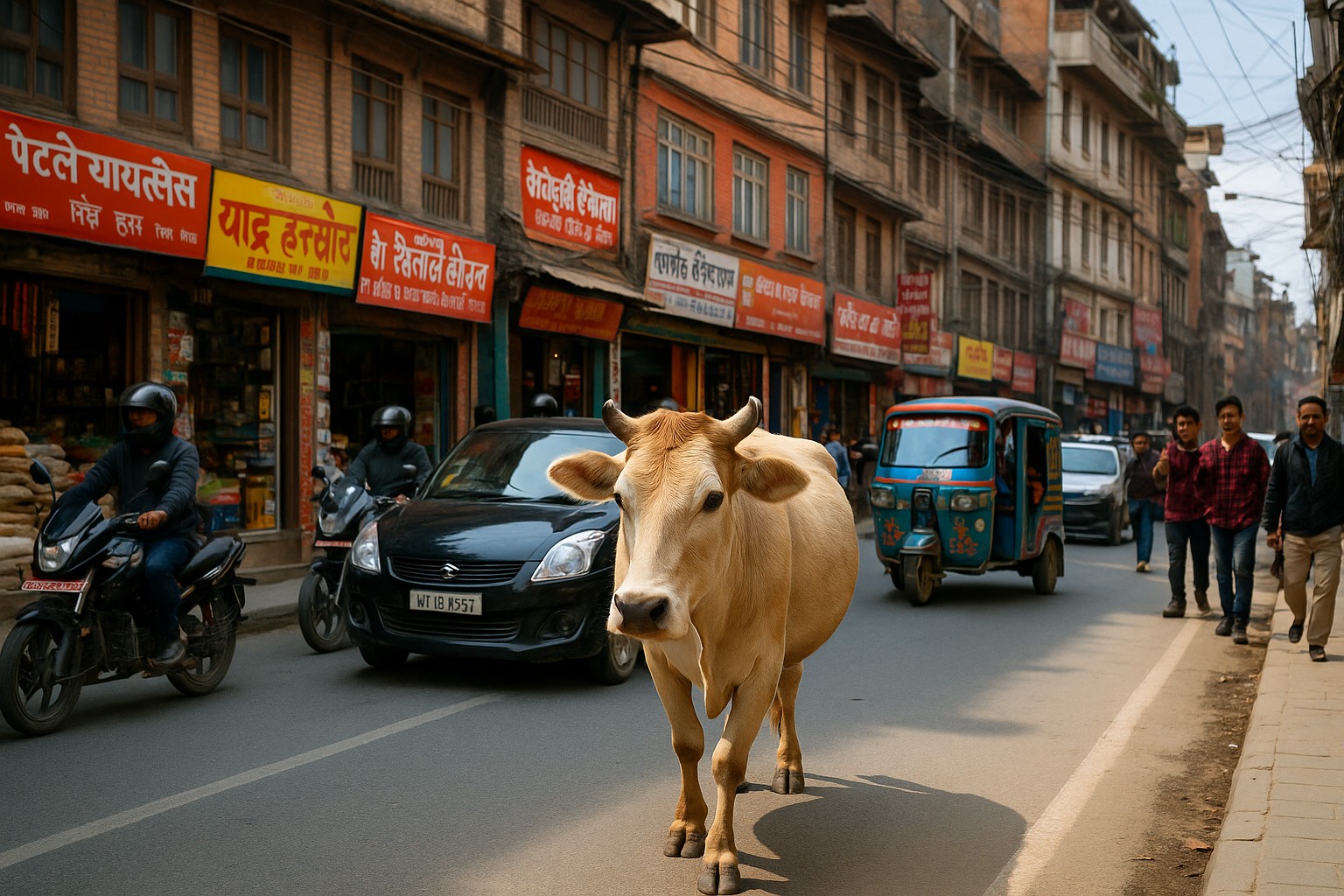 Eine heilige Kuh läuft gelassen durch eine geschäftige Straße in Kathmandu, während Motorräder, Autos und ein Tuk-Tuk sie umfahren. Im Hintergrund sind alte Backsteingebäude mit bunten nepalesischen Schildern und Fußgänger zu sehen.