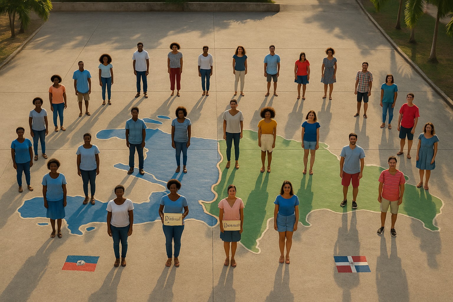 Luftaufnahme eines Platzes mit einer aufgemalten Karte von Hispaniola. Menschen stehen verteilt auf der westlichen (Haiti) und östlichen (Dominikanische Republik) Seite, einige halten Schilder in Kreolisch, Französisch oder Spanisch. Kleine Flaggen beider Länder sind am Boden sichtbar.
