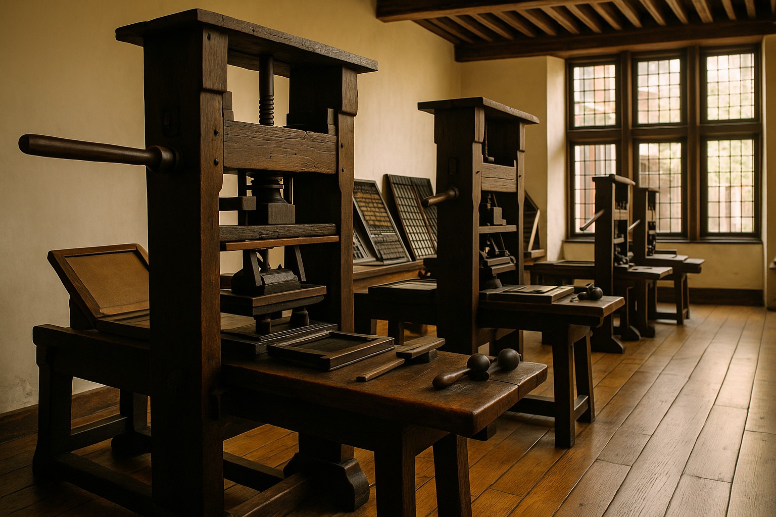 Ein fotorealistisches Bild zeigt die historische Druckwerkstatt im Museum Plantin-Moretus in Antwerpen. Zwei massive hölzerne Druckpressen aus dem 16. Jahrhundert stehen im Vordergrund, während im Hintergrund weitere Pressen und bleiverglaste Fenster sichtbar sind, durch die warmes Tageslicht einfällt.