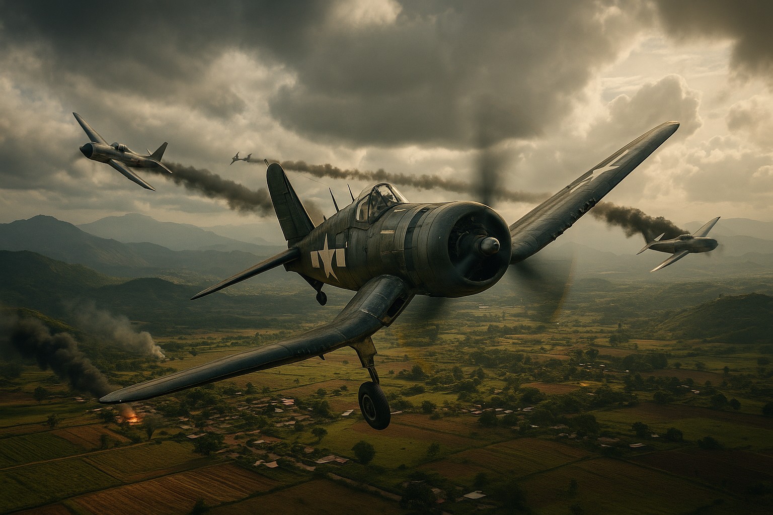 Drei Militärflugzeuge aus den 1960er-Jahren liefern sich ein Luftgefecht über ländlichem Gebiet, während Rauchfahnen aus den Maschinen aufsteigen.
