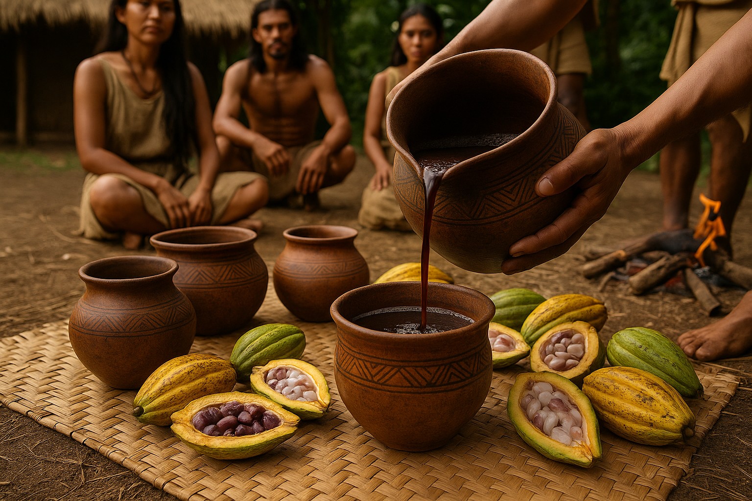 Ein rituelles Szenario aus dem alten Honduras: Tonkrüge mit fermentiertem Kakaogetränk stehen auf einer Matte, während Kakaofrüchte aufgebrochen danebenliegen und Menschen in traditioneller Kleidung im Hintergrund sitzen.
