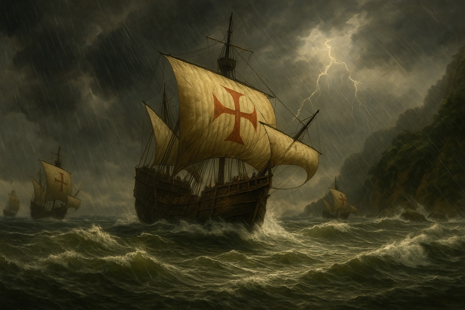 Spanische Karavellen aus dem Jahr 1502 kämpfen vor der Küste von Honduras gegen hohe Wellen und Gewitterhimmel.
