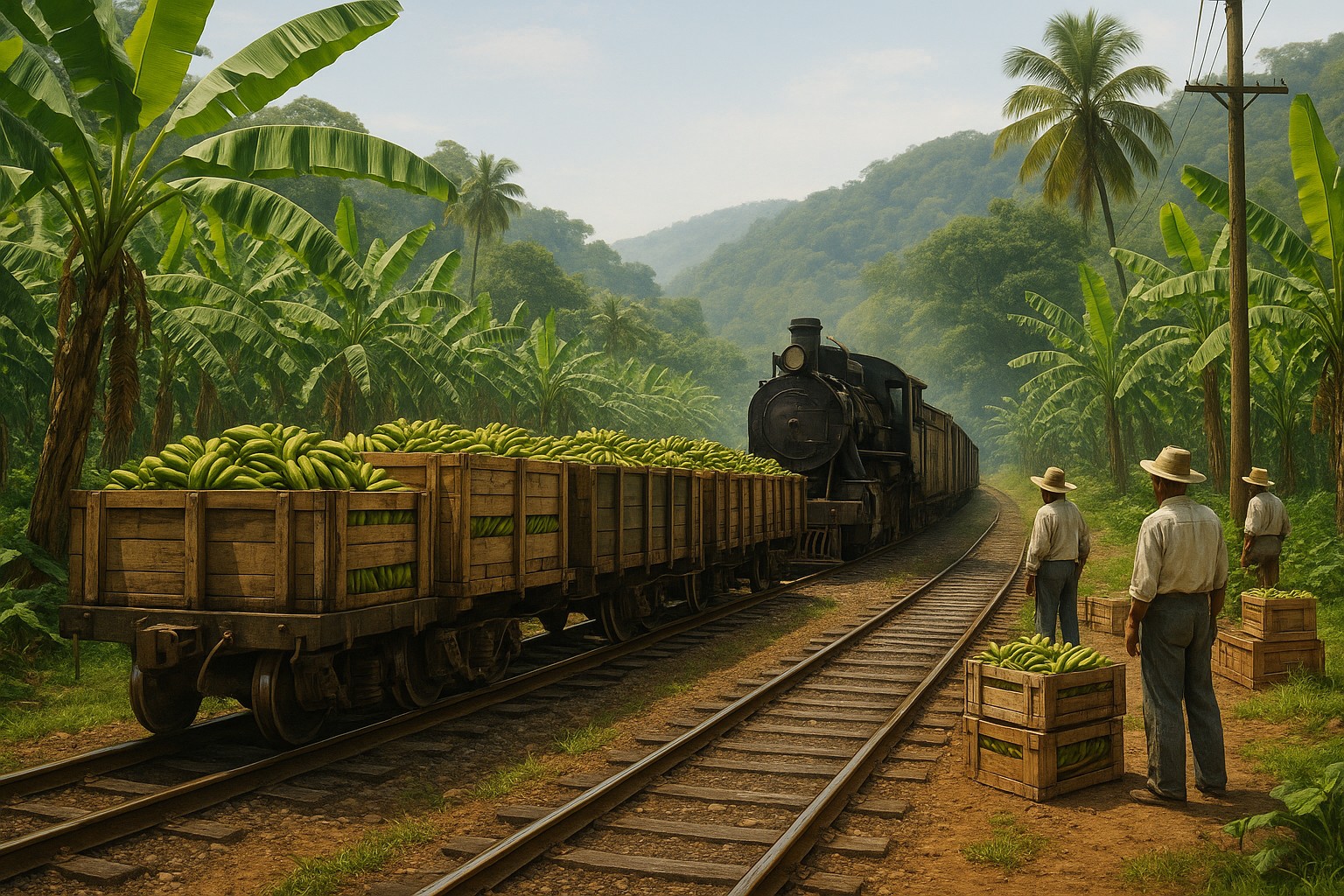 Ein historischer Güterzug transportiert Bananenkisten durch eine tropische Plantage in Honduras, umgeben von Arbeitern in Strohhüten und üppigem Grün.
