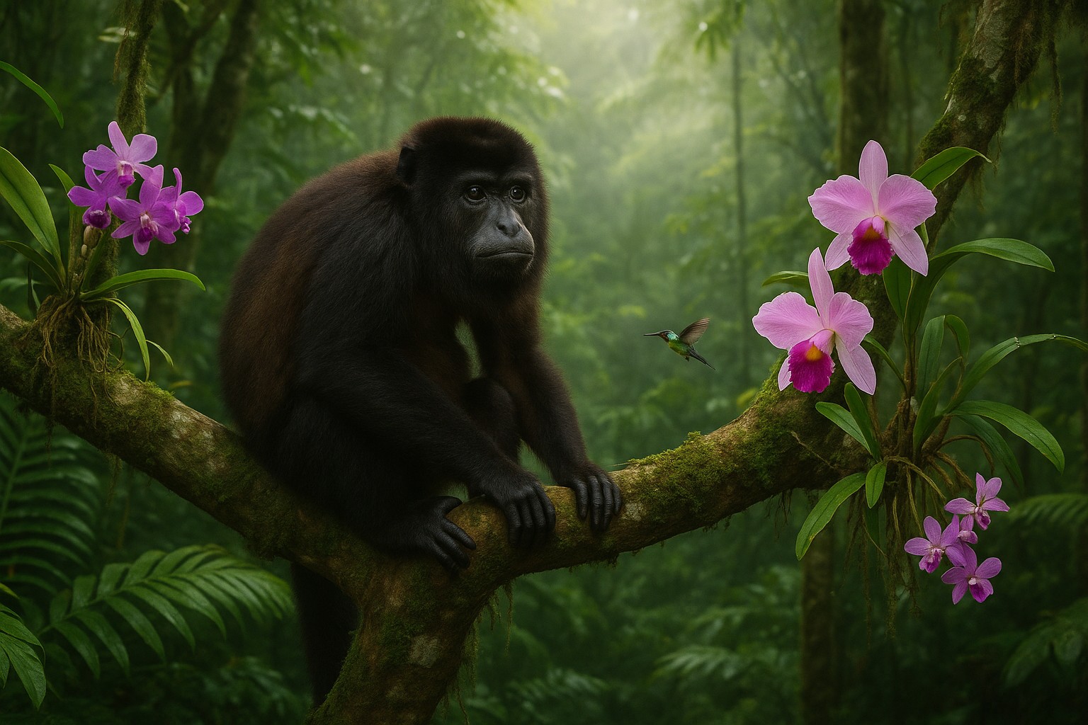 Ein Brüllaffe sitzt auf einem mit Orchideen bewachsenen Ast im Regenwald von Honduras, während ein Kolibri in der Luft schwebt – ein Symbol für die außergewöhnliche Artenvielfalt des Landes.
