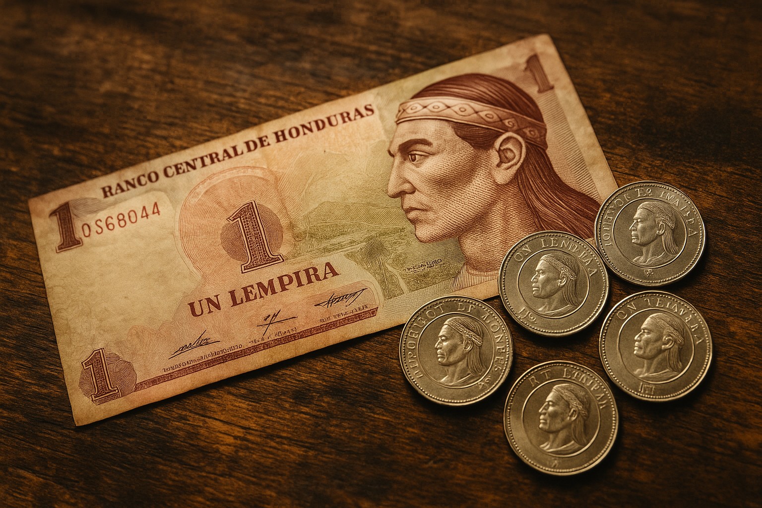 Eine honduranische 1-Lempira-Banknote liegt auf einem alten Holztisch, daneben mehrere Münzen mit dem Porträt von Lempira.
