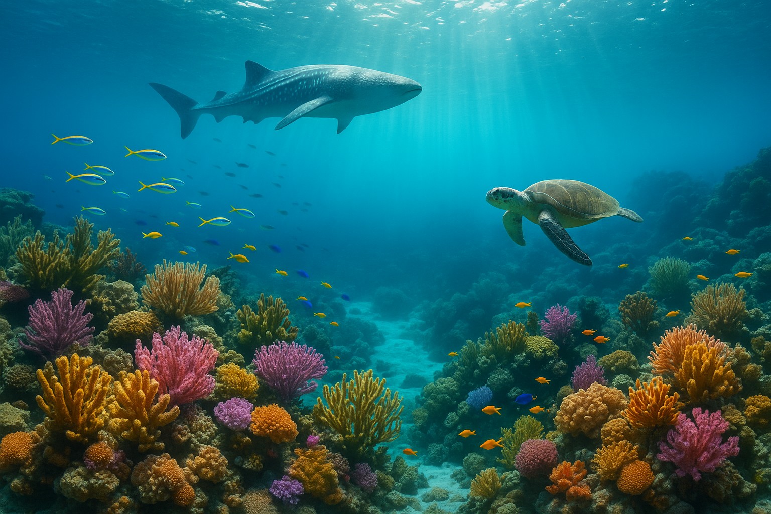 Ein farbenprächtiges Unterwasserbild zeigt ein Korallenriff vor den Bay Islands in Honduras mit tropischen Fischen, einer Meeresschildkröte und einem Walhai.
