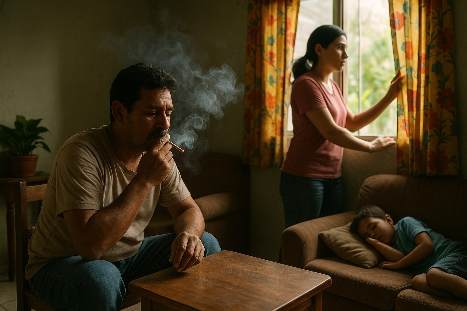Ein honduranischer Mann raucht im Wohnzimmer, während seine Frau das Fenster öffnet und ihr Kind unruhig auf dem Sofa schläft.
