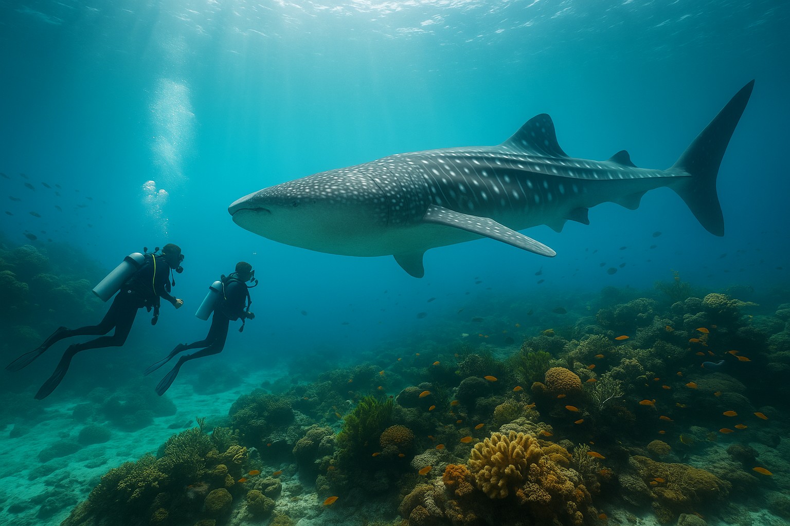 Zwei Taucher begegnen einem riesigen Walhai über einem bunten Korallenriff vor den honduranischen Inseln.
