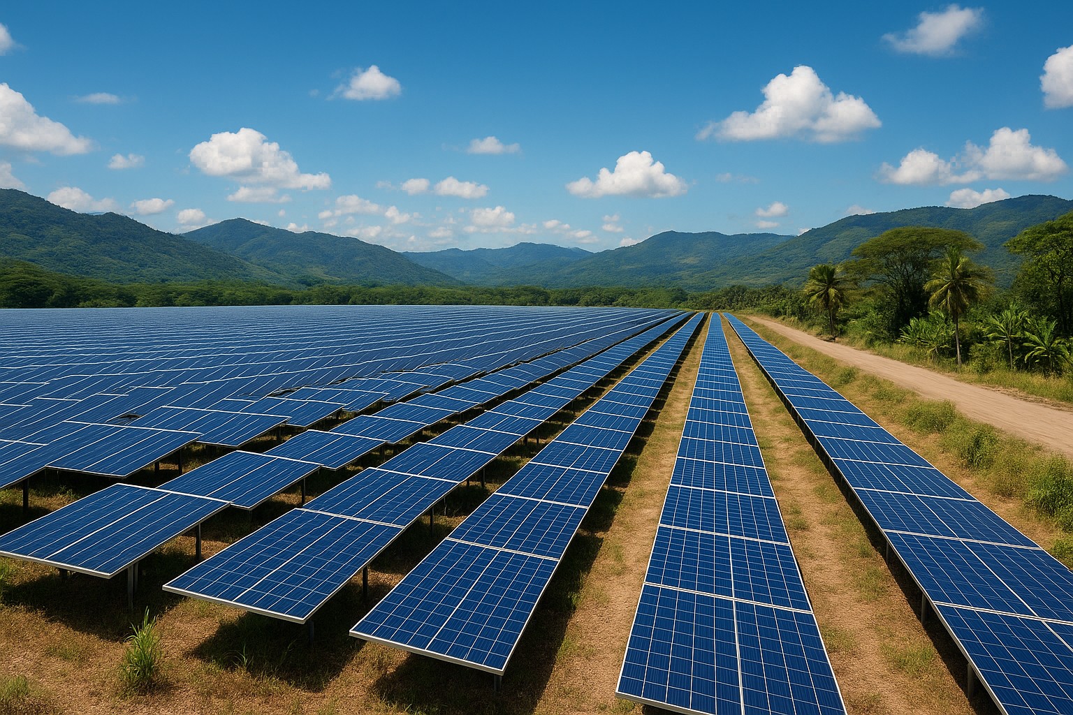 Ein riesiges Solarfeld im Valle de Nacaome, Honduras, mit langen Reihen blauer Solarpaneele vor grünen Bergen und blauem Himmel.
