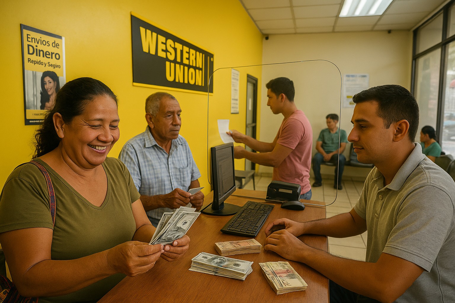 Eine Frau in Honduras lächelt, während sie US-Dollar-Scheine in einer Western-Union-Filiale zählt; hinter ihr warten weitere Kunden, während ein Mitarbeiter Geldscheine und Formulare bearbeitet.
