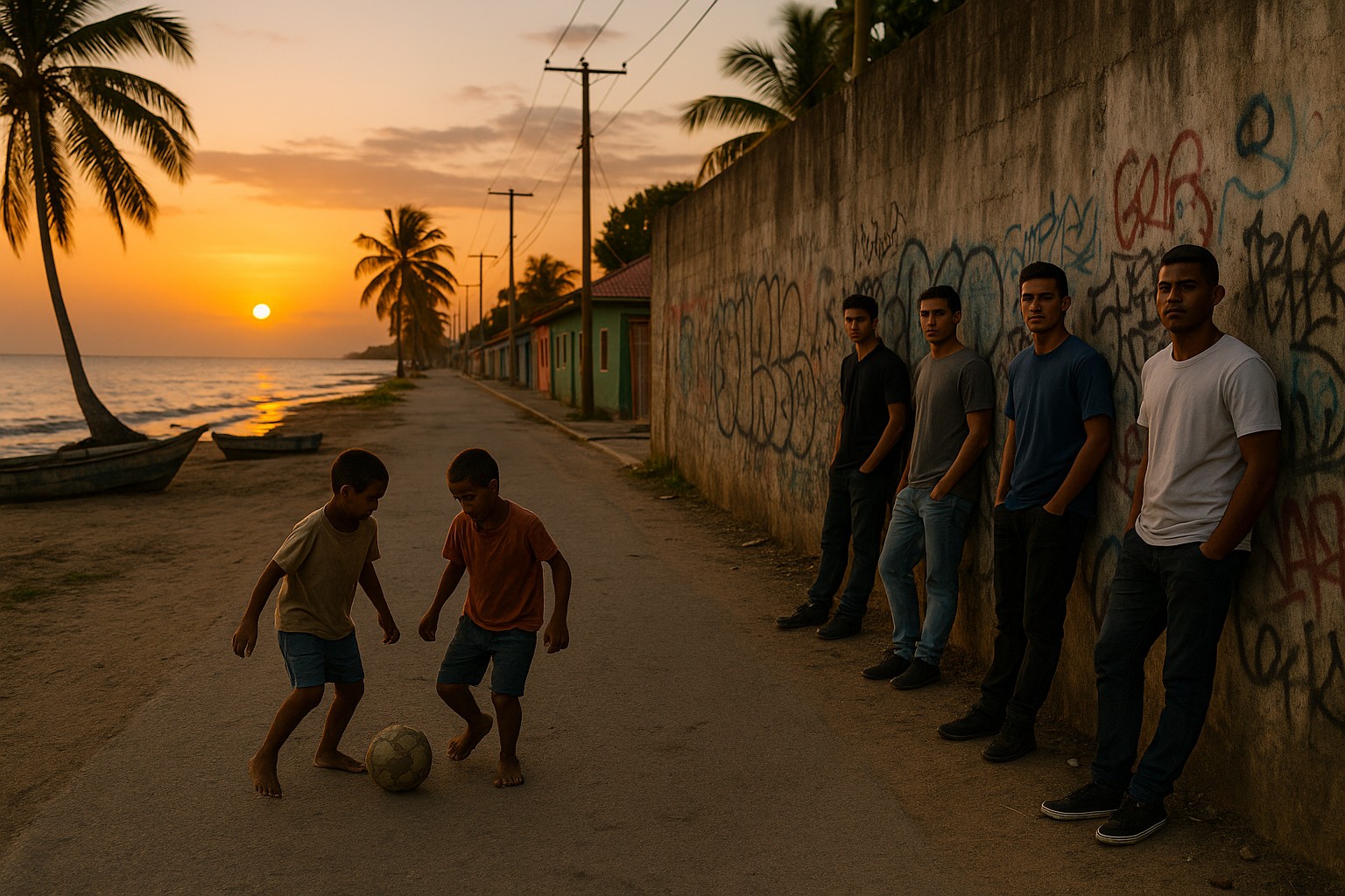 Straße an der Küste von Honduras bei Sonnenuntergang, mit barfüßigen Kindern beim Fußballspiel und jungen Männern vor einer Graffiti-Mauer.
