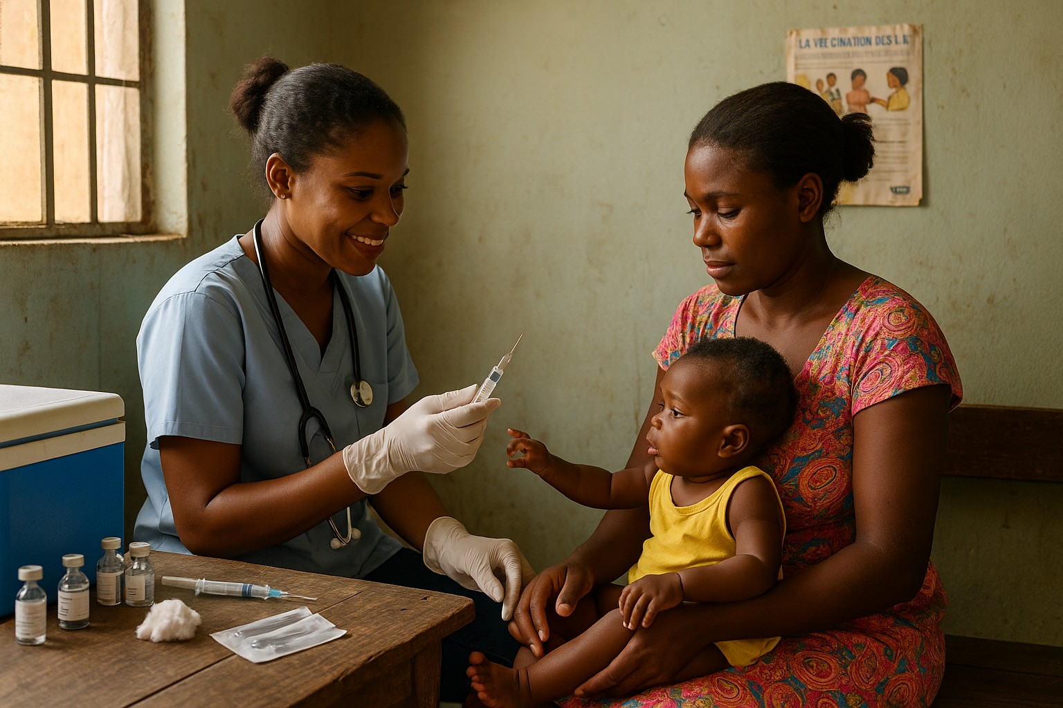 Eine haitianische Mutter sitzt auf einer Holzbank in einer einfachen Klinik, während eine Krankenschwester ihrem Kind eine Impfung vorbereitet; auf dem Tisch liegen Impfstofffläschchen und ein Kühlbehälter, Sonnenlicht fällt durch das Fenster.
