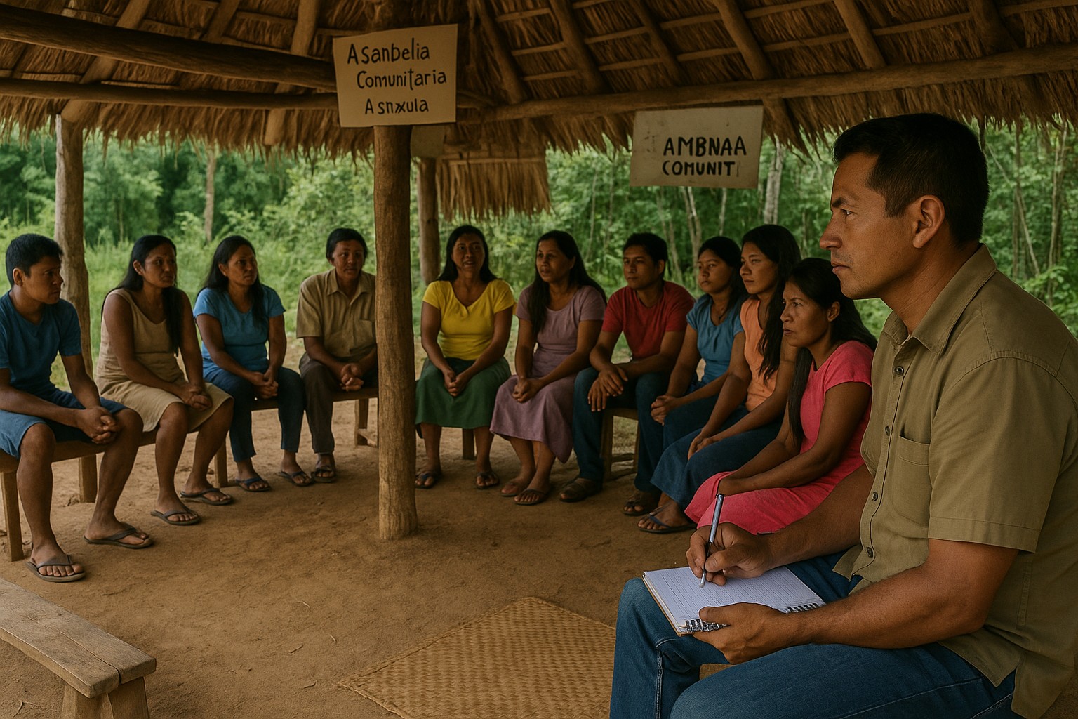 Ein realistisches Foto zeigt eine indigene Gemeinschaft in Venezuela, die in einem traditionellen Haus mit Palmendach im Kreis sitzt. Männer und Frauen beraten gemeinsam, während ein Mann am Rand Notizen in ein Heft schreibt.
