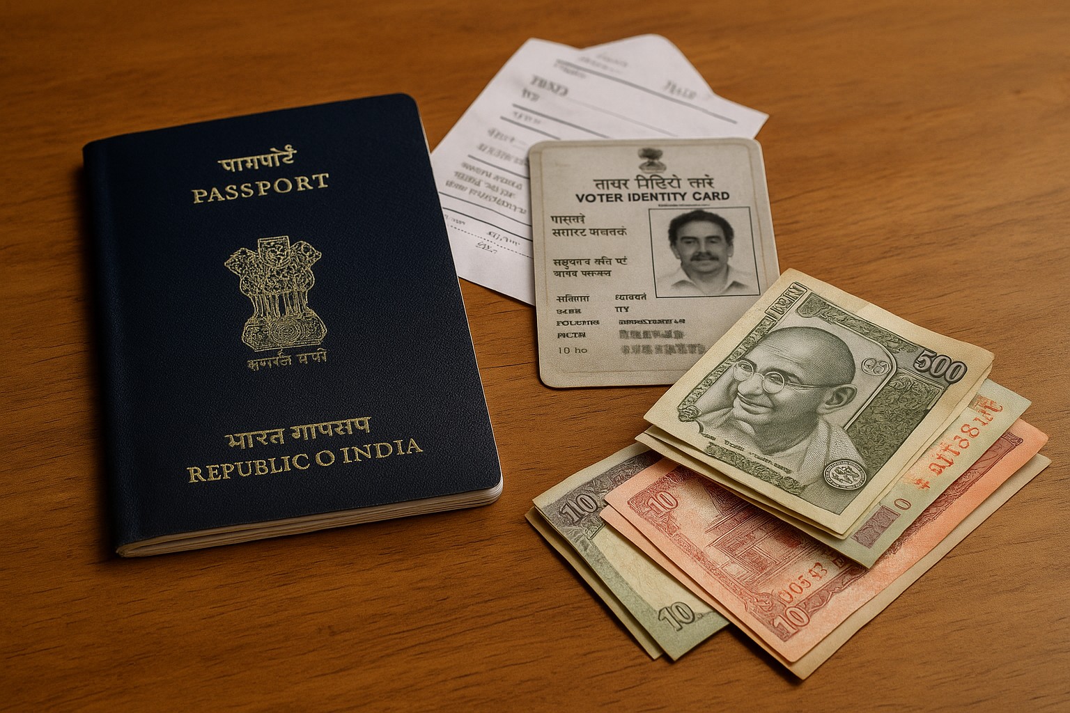 Ein indischer Reisepass, eine Wählerkarte, eine Bordkarte und Banknoten aus Indien und Nepal liegen ordentlich auf einem Holztisch.