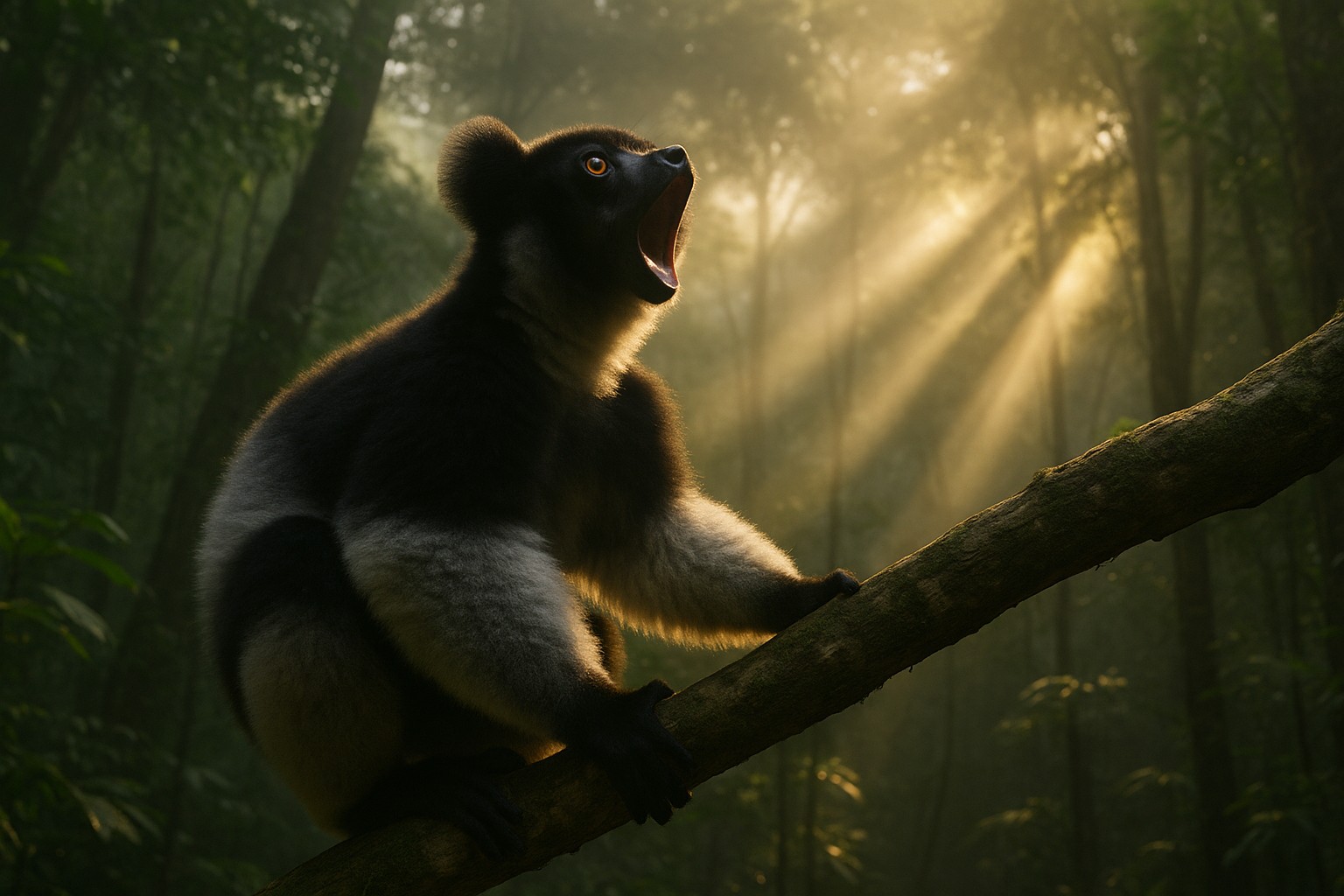 Indri-Lemur sitzt auf einem Ast im Morgennebel des Regenwaldes von Madagaskar und ruft, während goldene Sonnenstrahlen durch die Bäume fallen.