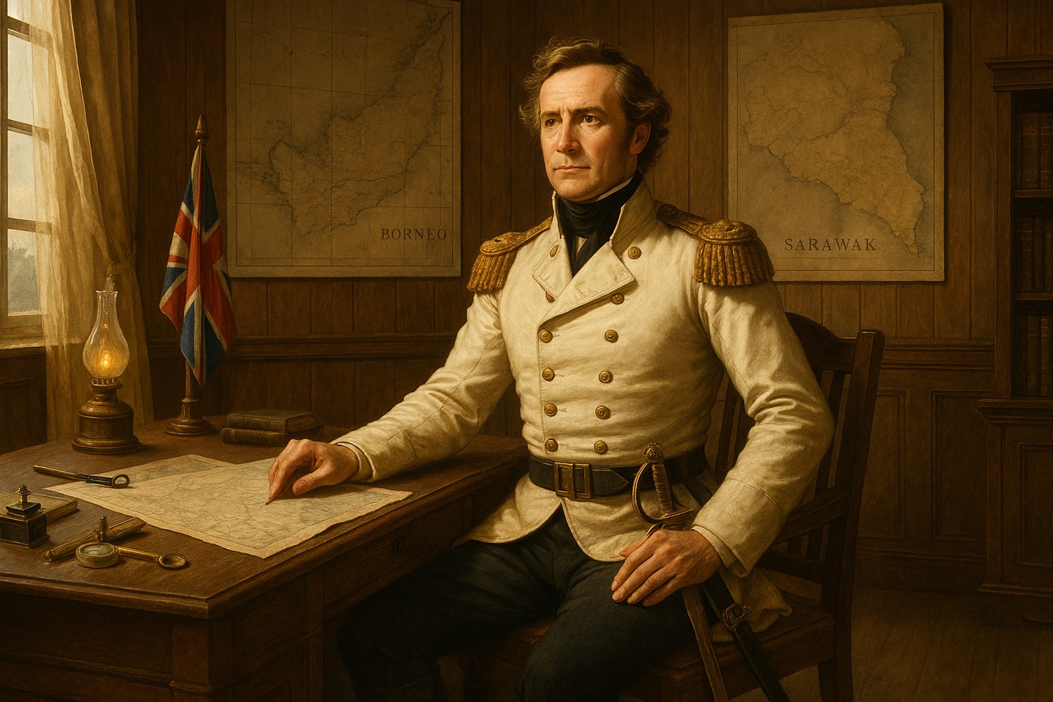 Historisches Porträt von James Brooke, dem ersten „Weißen Raja“ von Sarawak, in weißer Militäruniform mit Goldschulterstücken, sitzend an einem Holztisch mit Karten, Kompass und Öllampe, hinter ihm Karten von Borneo und Sarawak.