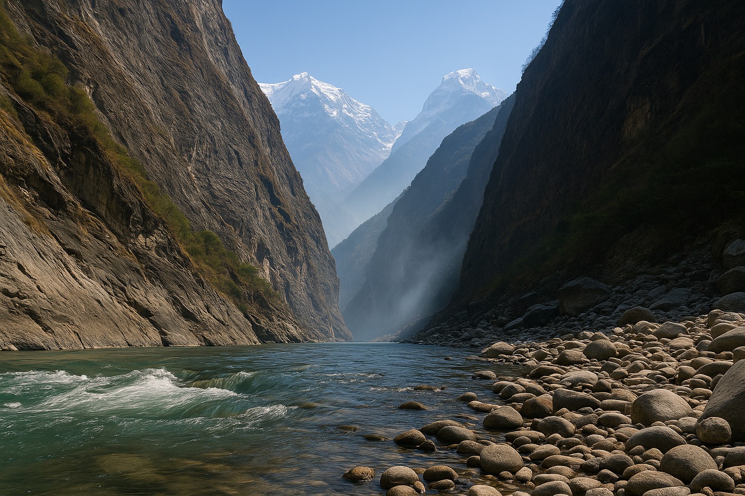 Ein hochauflösendes Foto zeigt die Kali-Gandaki-Schlucht in Nepal, mit einem türkisfarbenen Fluss, der zwischen steilen Felswänden fließt, und schneebedeckten Gipfeln von Annapurna und Dhaulagiri im Hintergrund.