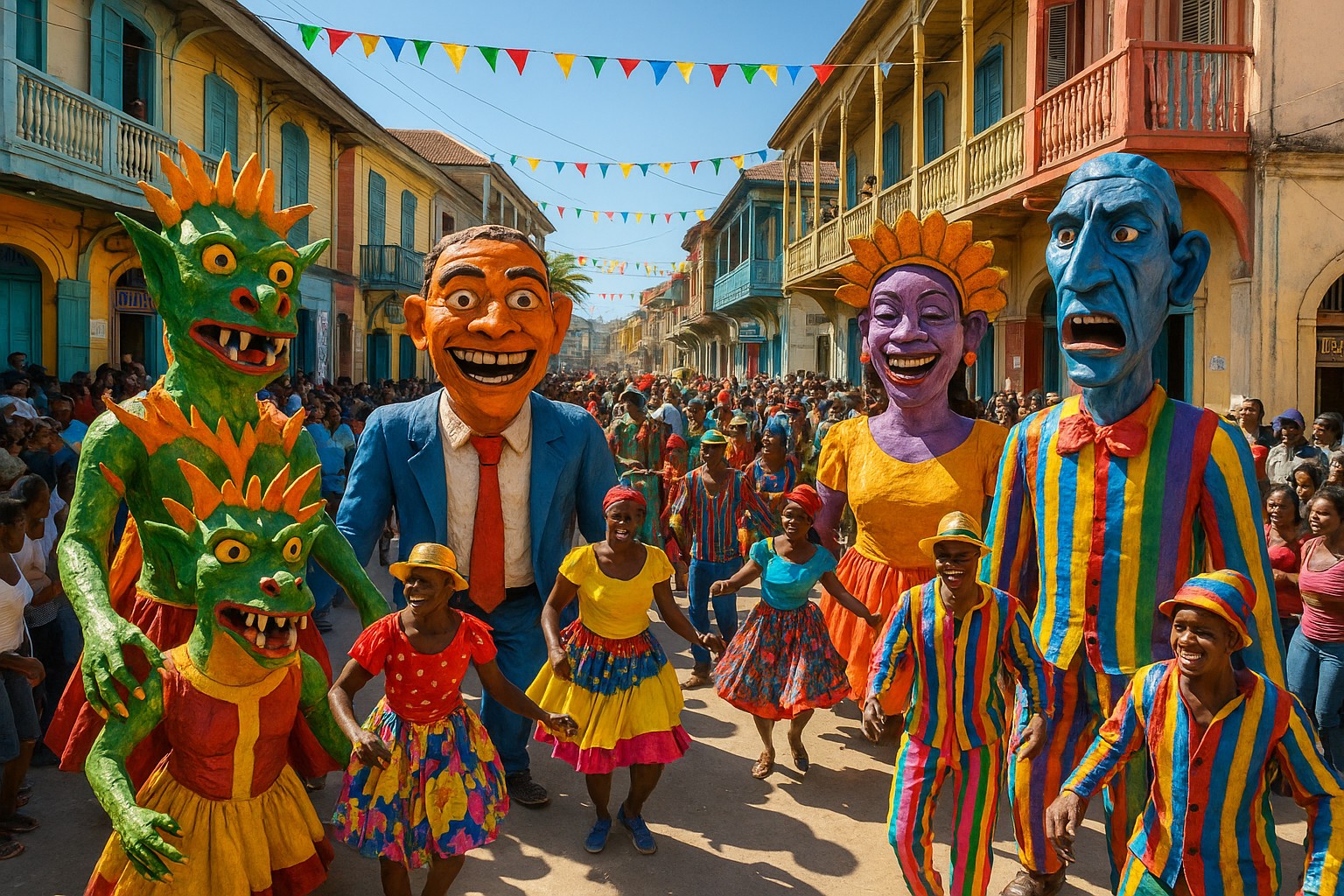 Straßenkarneval in Jacmel, Haiti, mit riesigen bunten Papiermaché-Figuren, die von fröhlichen Tänzern in leuchtenden Kostümen begleitet werden; Zuschauer säumen die Straßen zwischen kolonialen Häuserfassaden mit Wimpelketten darüber.
