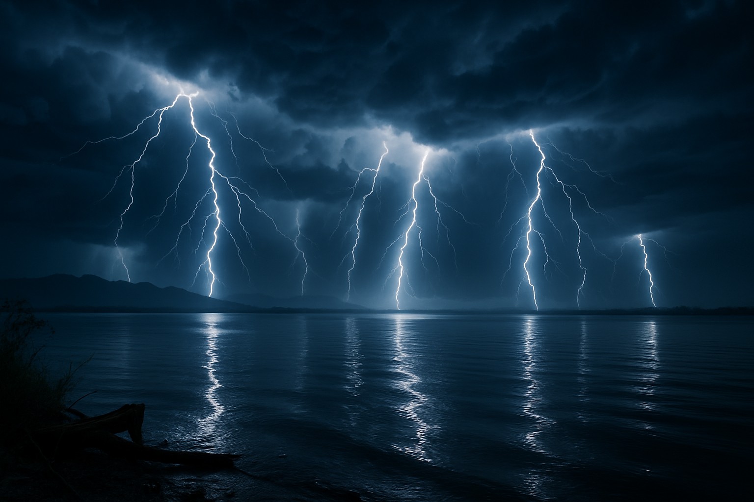 Nächtliches Panorama über dem Maracaibo-See mit einer Serie mächtiger Blitze, die den Himmel erhellen und sich im Wasser spiegeln.
