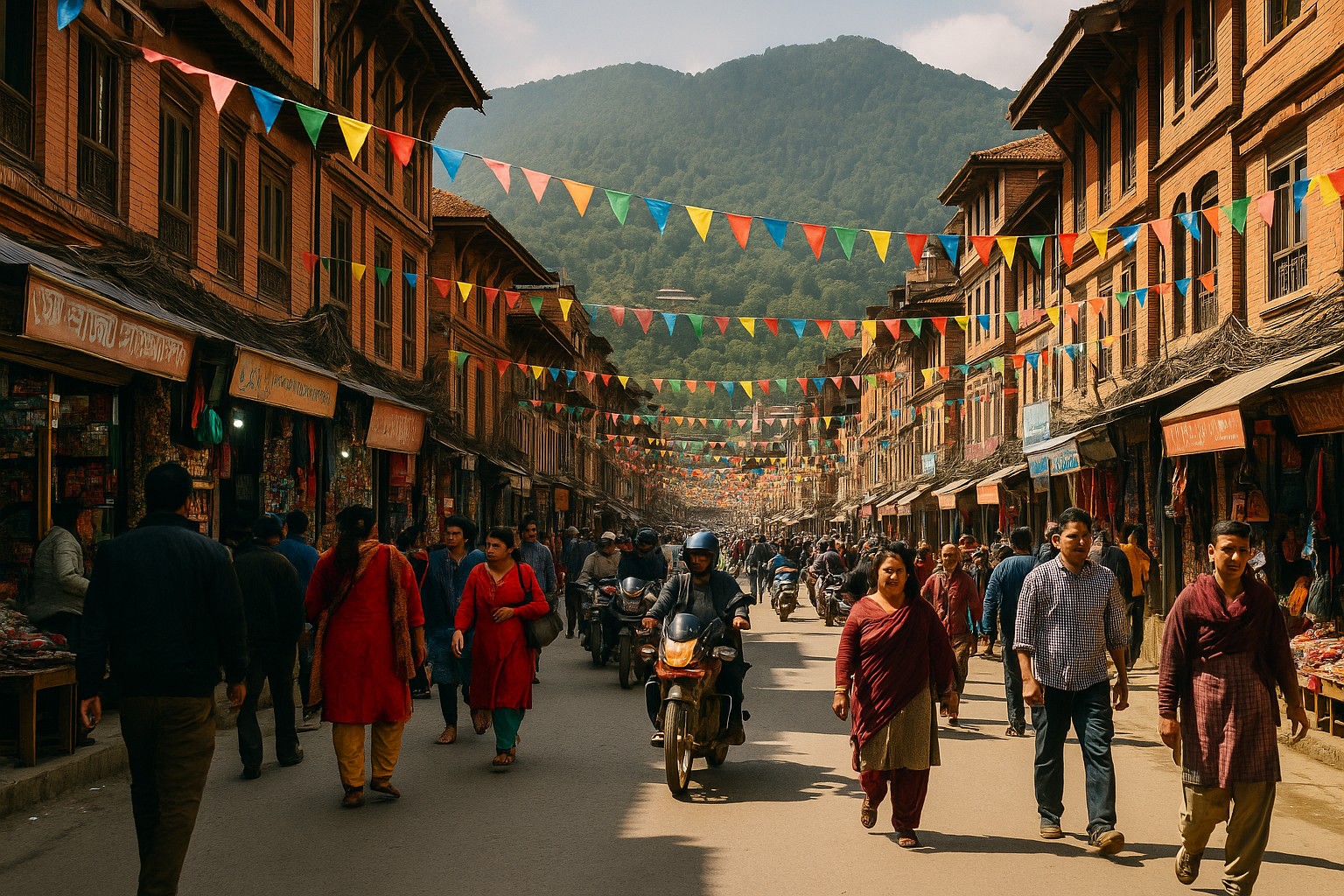 Eine hochauflösende Aufnahme zeigt das urbane Leben im Kathmandu-Tal, mit überfüllten Straßen, bunten Märkten und traditioneller nepalesischer Architektur, eingerahmt von den fernen Hügeln des Tals.