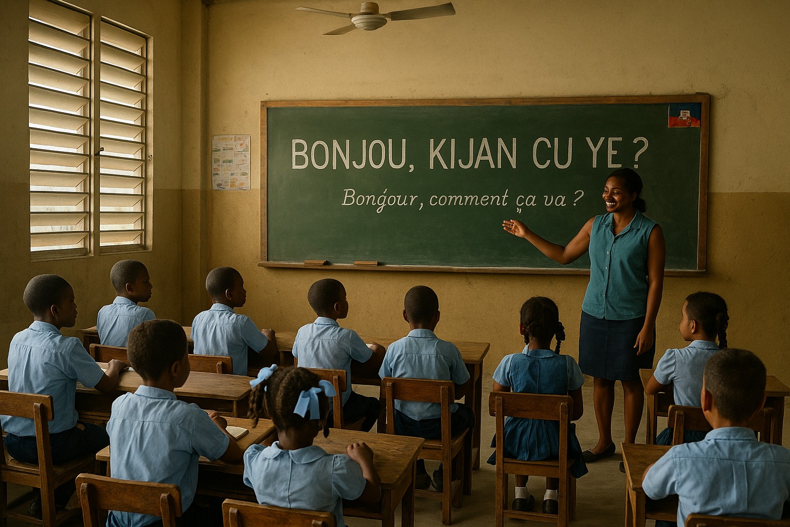 Haitianische Schulkinder sitzen in einem Klassenzimmer mit hölzernen Bänken, während eine Lehrerin vor einer grünen Tafel steht. Auf der Tafel ist ein Satz groß auf Kreolisch und darunter kleiner auf Französisch geschrieben.
