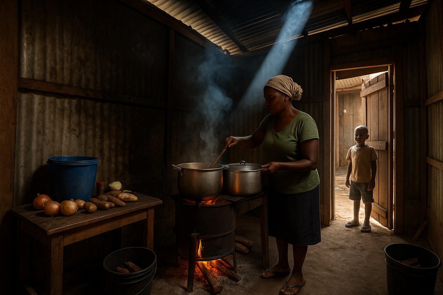 Eine haitianische Frau kocht auf einem Holzofen in einer einfachen Küche mit Wellblechwänden, während ein Kind neugierig in der Türöffnung steht; Sonnenlicht fällt durch das Dach und beleuchtet den Rauch.
