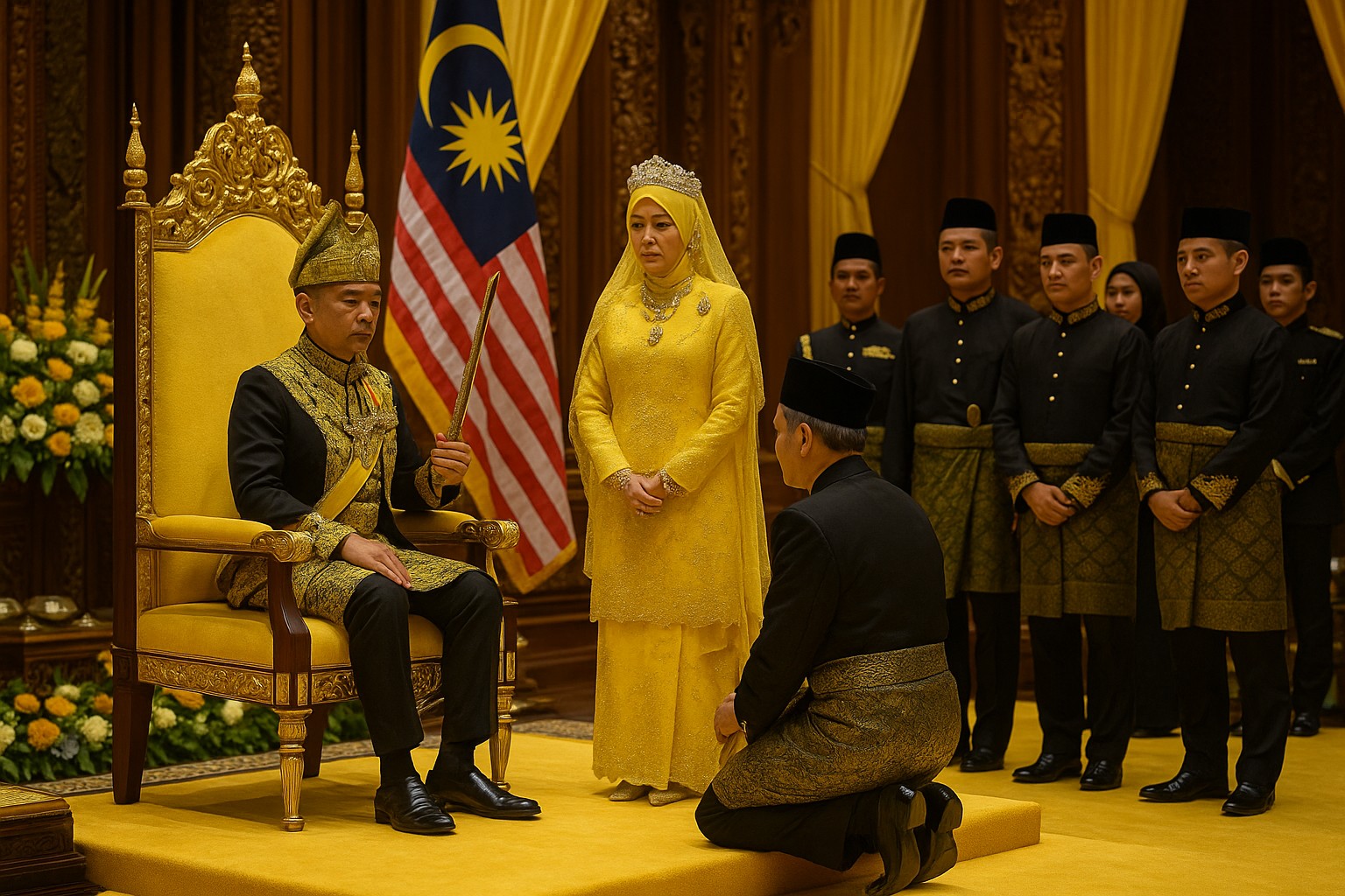 Der malaysische König sitzt in voller königlicher Tracht auf einem goldverzierten Thron im Istana Negara, während die Königin in gelbem Gewand neben ihm steht. Ein Würdenträger kniet respektvoll vor dem Thron, und im Hintergrund sind Beamte in traditioneller Kleidung sowie die Flagge Malaysias zu sehen.