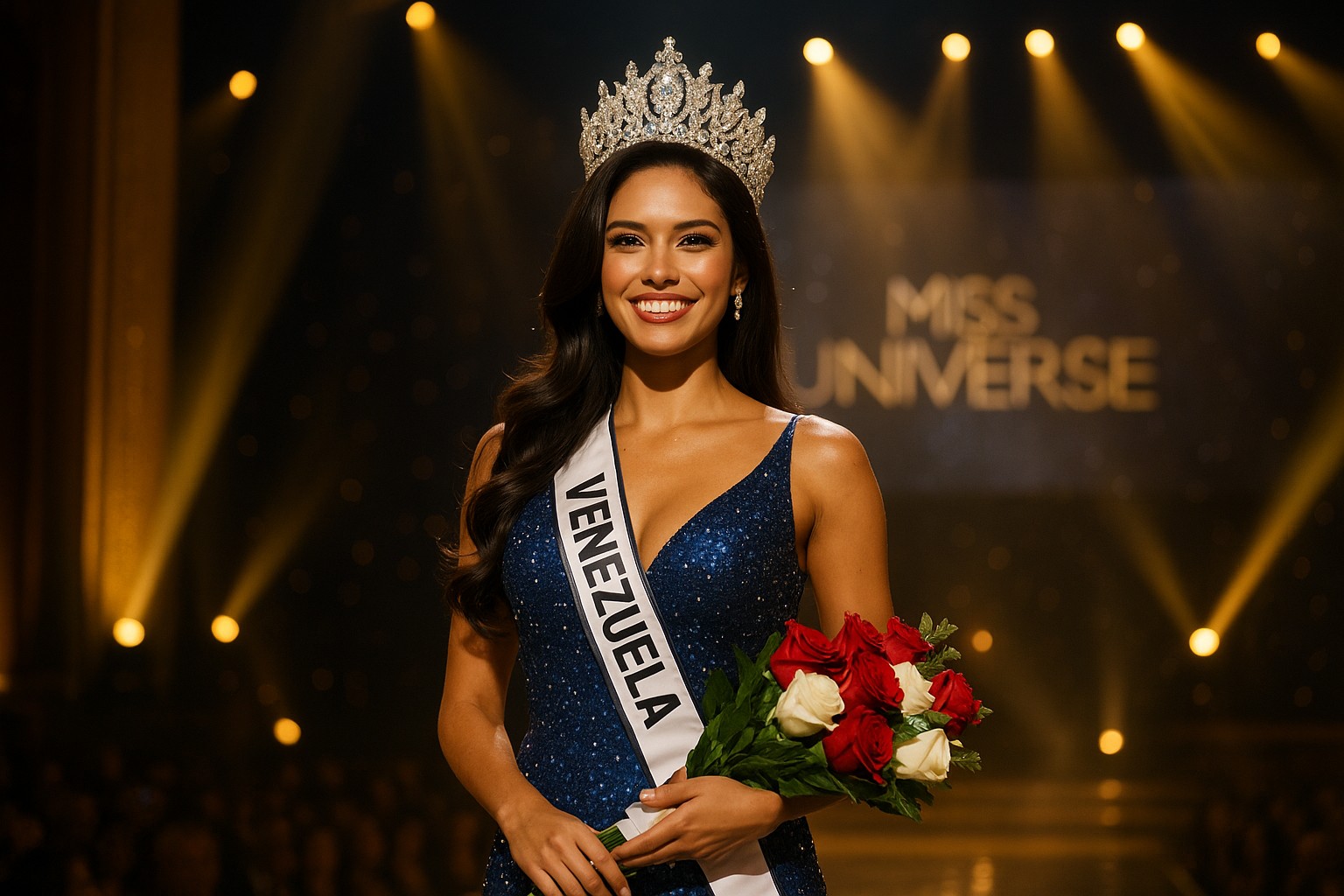 Eine venezolanische Miss-Universe-Siegerin mit Kristallkrone, Schärpe „Venezuela“ und einem Strauß roter und weißer Rosen auf einer festlich beleuchteten Bühne.
