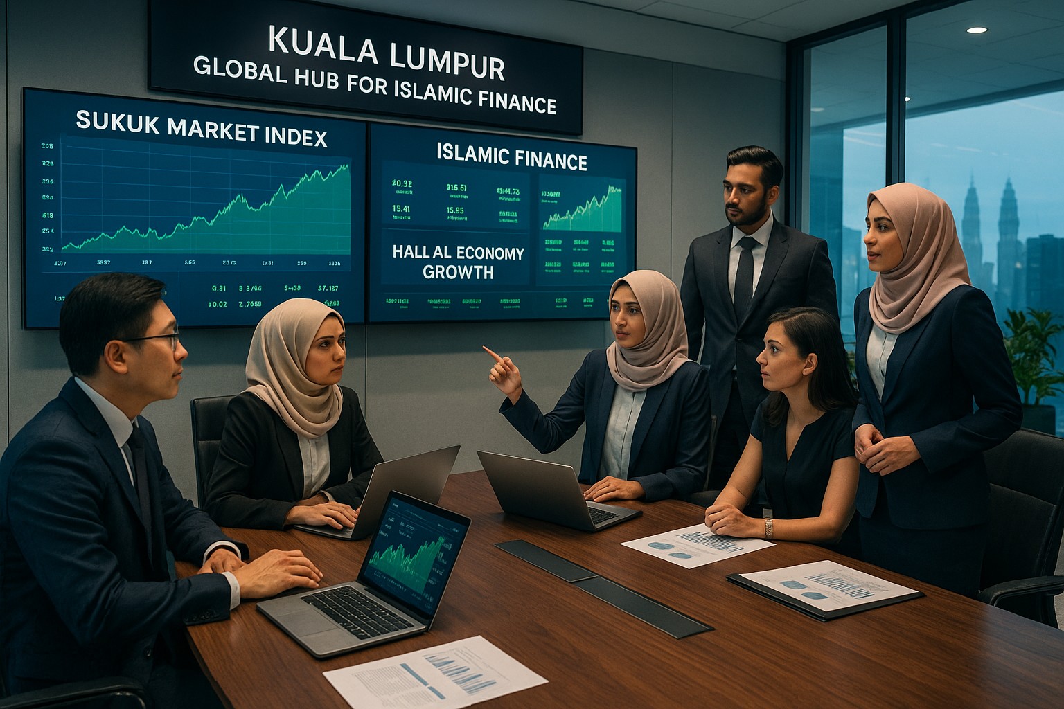 Ein Team malaysischer Finanzexperten diskutiert in einem modernen Konferenzraum in Kuala Lumpur, während auf großen Bildschirmen Begriffe wie „Sukuk Market Index“ und „Islamic Finance“ erscheinen.