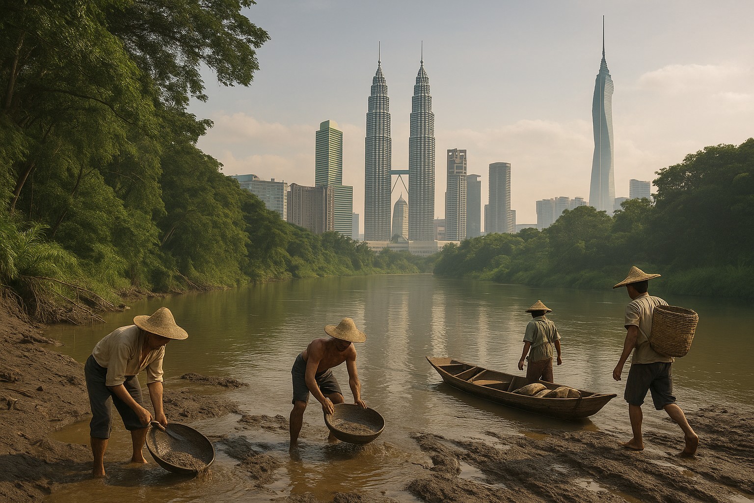 Historische Szene am Ufer des Zusammenflusses von Klang- und Gombak-Fluss mit Zinnarbeitern, während im Hintergrund die modernen Petronas Twin Towers über Kuala Lumpur aufragen.