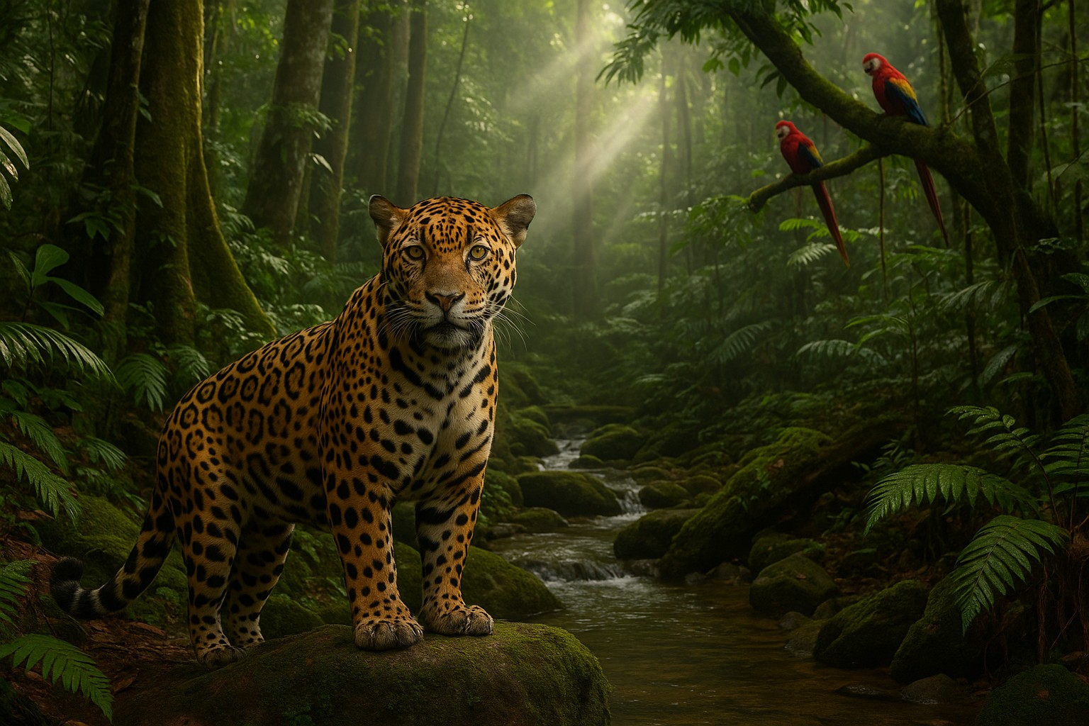 Ein Jaguar steht auf einem moosbedeckten Felsen inmitten des Regenwaldes von La Mosquitia, während Sonnenstrahlen durch das Blätterdach fallen und zwei rote Aras auf einem Ast sitzen.
