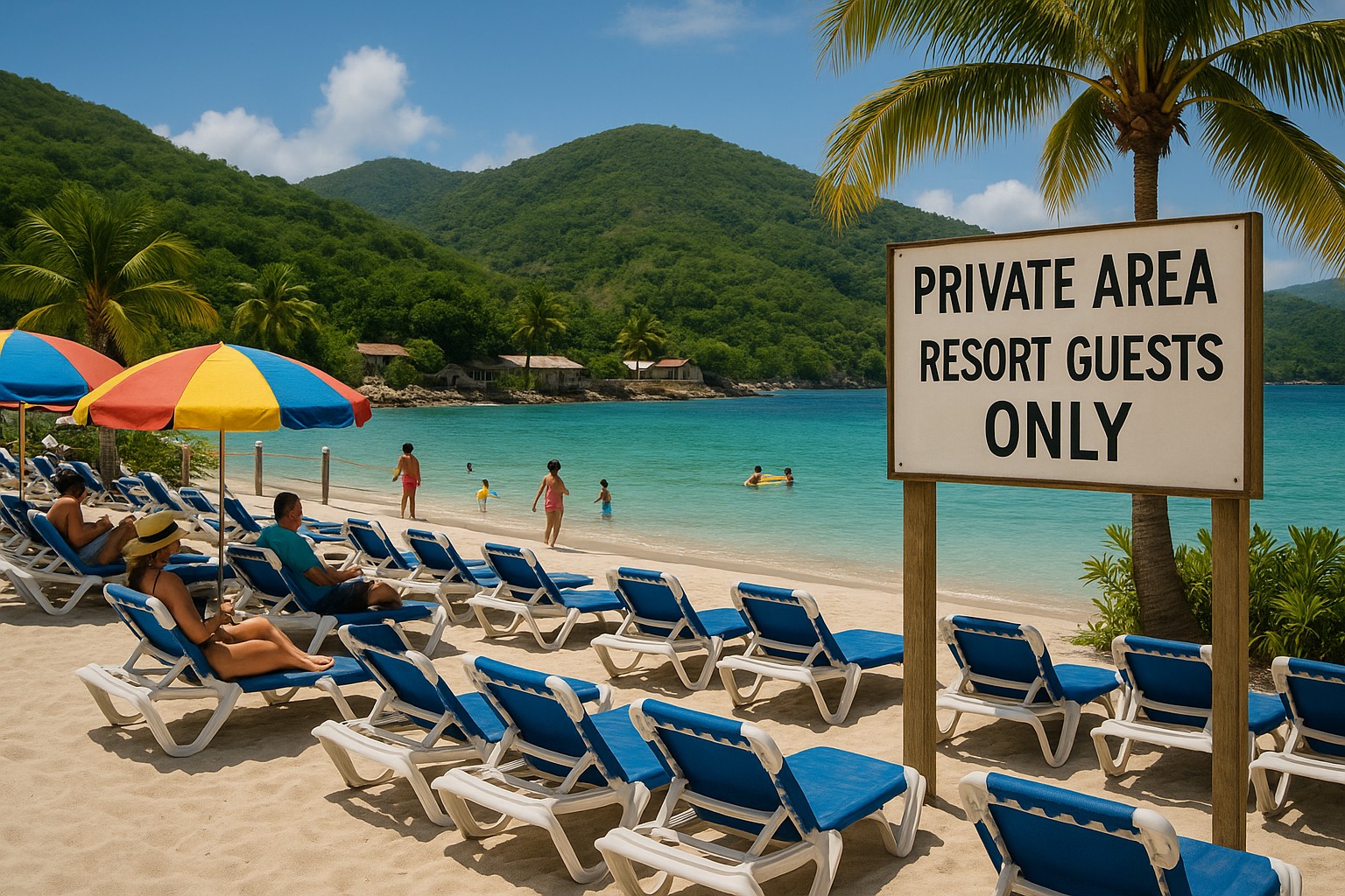 Ein exklusiver Strandbereich in Labadee, Haiti, mit blauen Liegestühlen und bunten Sonnenschirmen, während ein Schild „Private Area – Resort Guests Only“ den Zugang einschränkt. Dahinter türkisfarbenes Meer, spielende Touristen und einfache Häuser am Fuß grüner Hügel.
