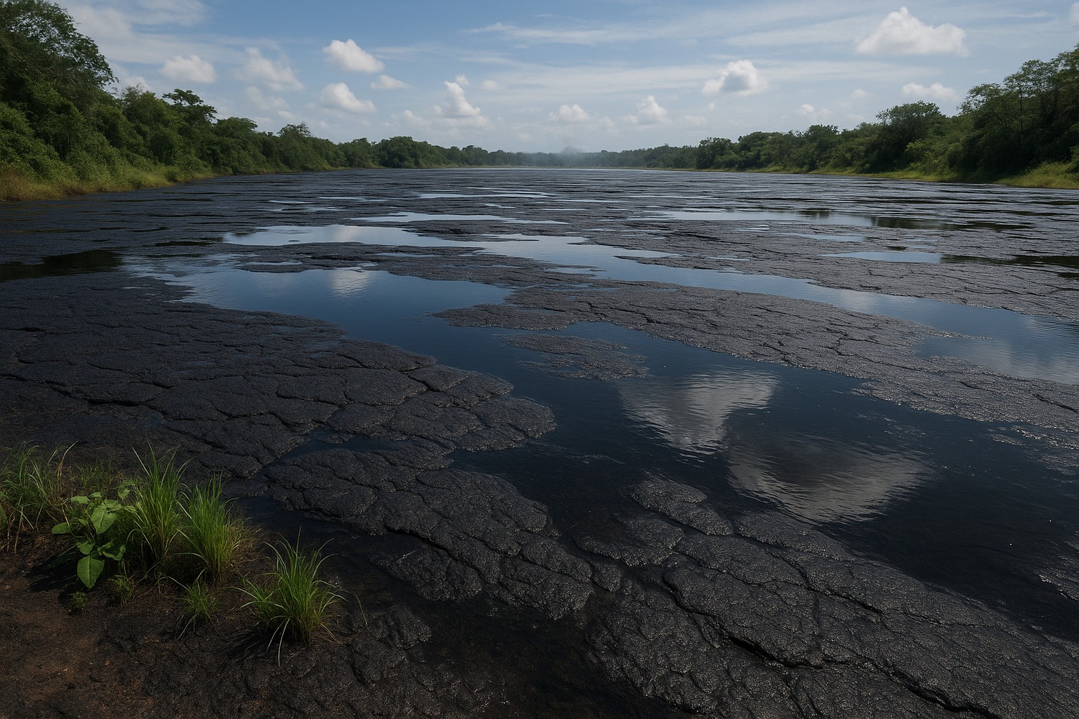 Natürlicher Asphaltsee Guanoco in Venezuela mit rissiger schwarzer Oberfläche, Wasserpfützen und umliegender grüner Vegetation unter blauem Himmel.
