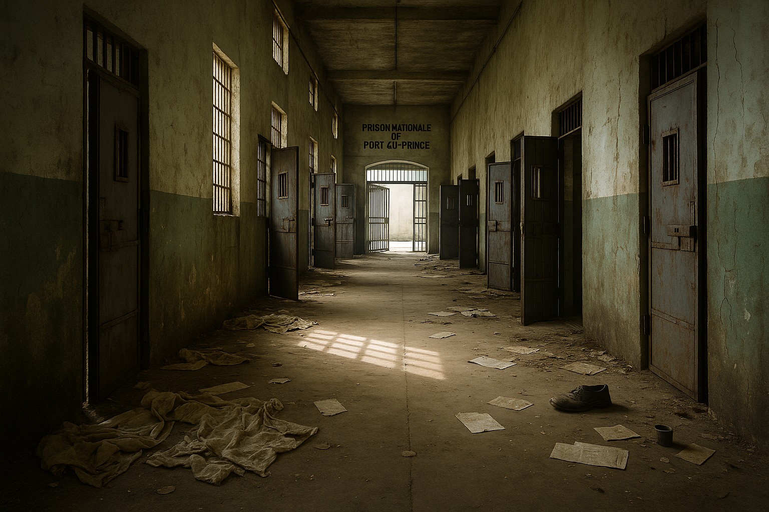 Ein verlassener Gefängniskorridor in Port-au-Prince: Offene Metalltüren, zerknitterte Bettlaken und verstreute Papiere liegen auf dem Boden, am Ende ein weit geöffnetes Tor, durch das helles Tageslicht einfällt.
