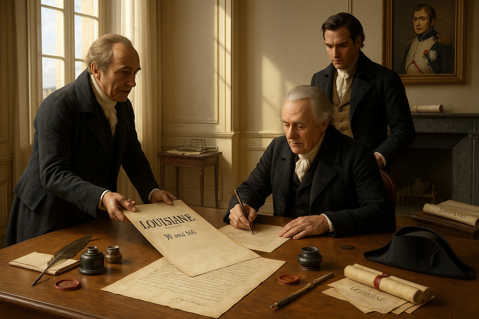 Unterzeichnung des Louisiana-Kaufs 1803 in Paris: François Barbé-Marbois überreicht das Dokument mit der Aufschrift „Louisiane“ an Robert Livingston, der mit Feder unterschreibt, während James Monroe danebensteht.
