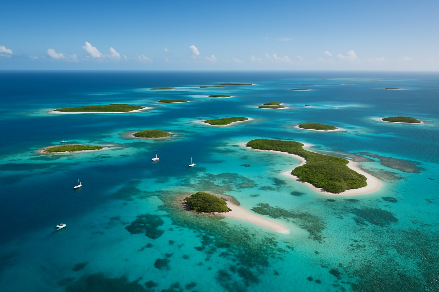 Ein hochrealistisches Luftbild zeigt das venezolanische Archipel Los Roques mit türkisblauem Wasser, weißen Sandstränden und verstreuten kleinen Inseln, umgeben von Korallenriffen und einigen Segelbooten.
