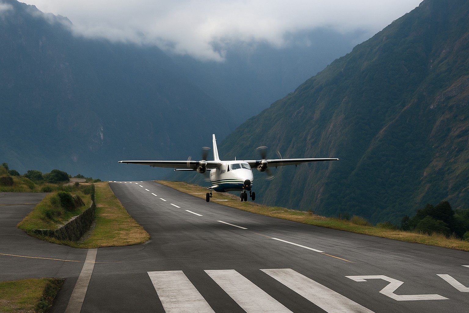 Ein kleines Passagierflugzeug landet auf der kurzen, abschüssigen Piste des Lukla-Flughafens in Nepal, umgeben von steilen Bergen.