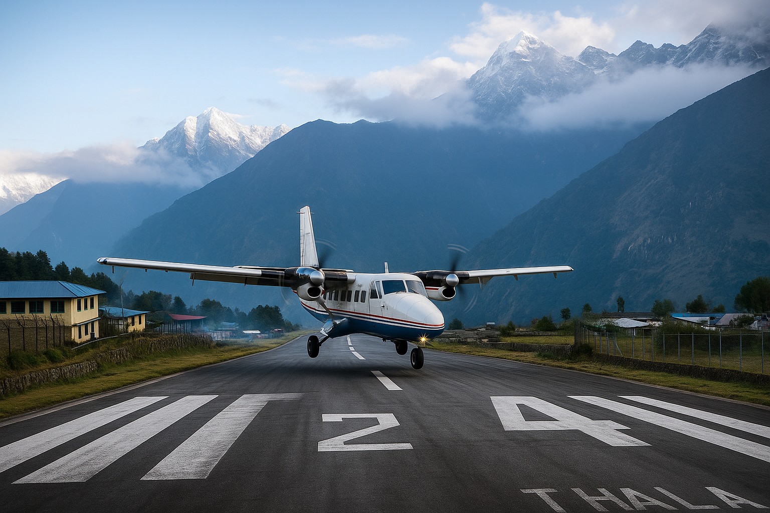 Ein hochauflösendes Foto zeigt ein zweimotoriges Flugzeug beim Landen auf der kurzen, steilen Landebahn des Tenzing-Hillary-Flughafens in Lukla, Nepal, mit schneebedeckten Himalaya-Gipfeln im Hintergrund.
