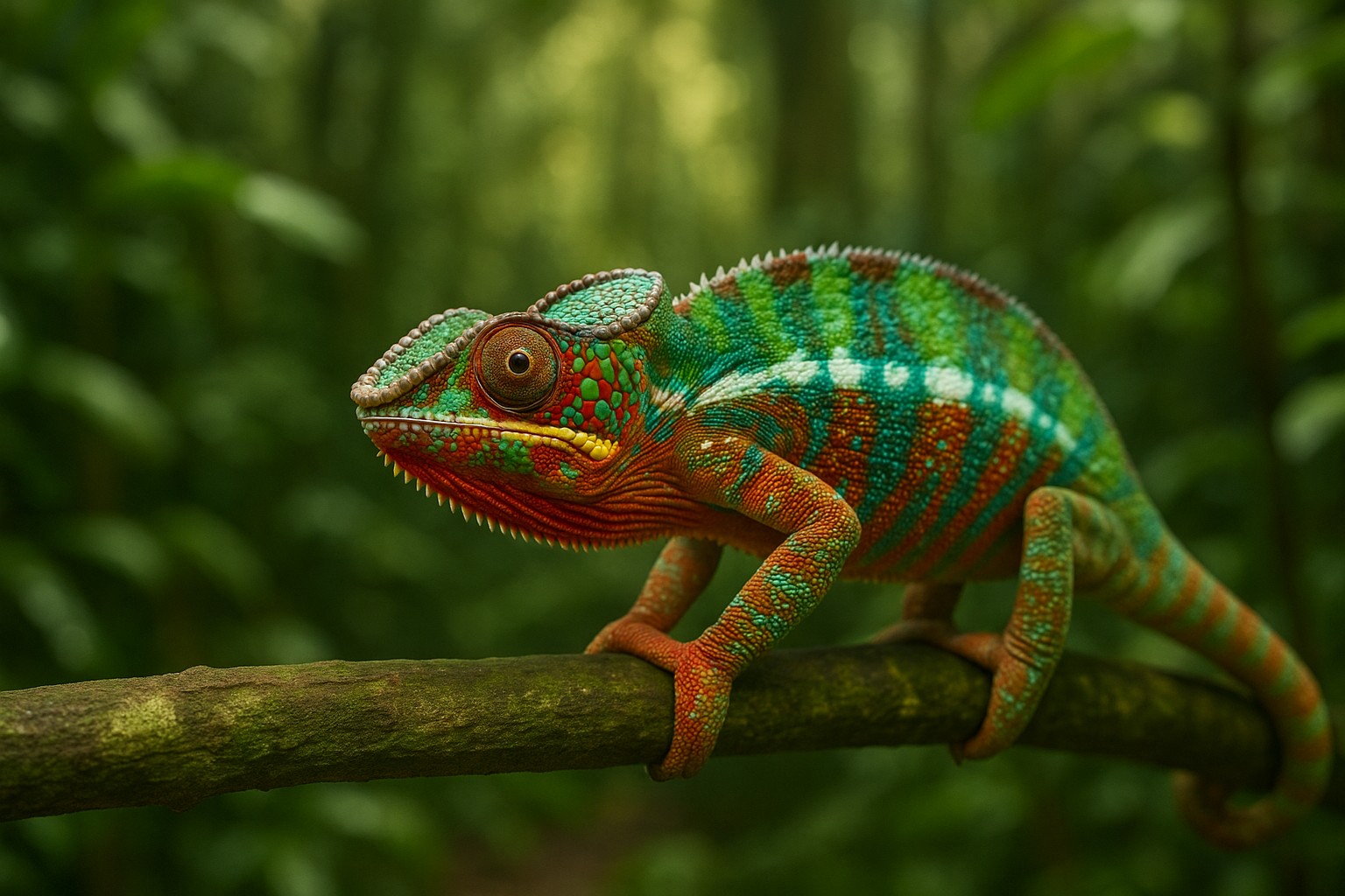 Pantherchamäleon in den Regenwäldern Madagaskars mit leuchtend grüner, roter und blauer Färbung auf einem Ast.