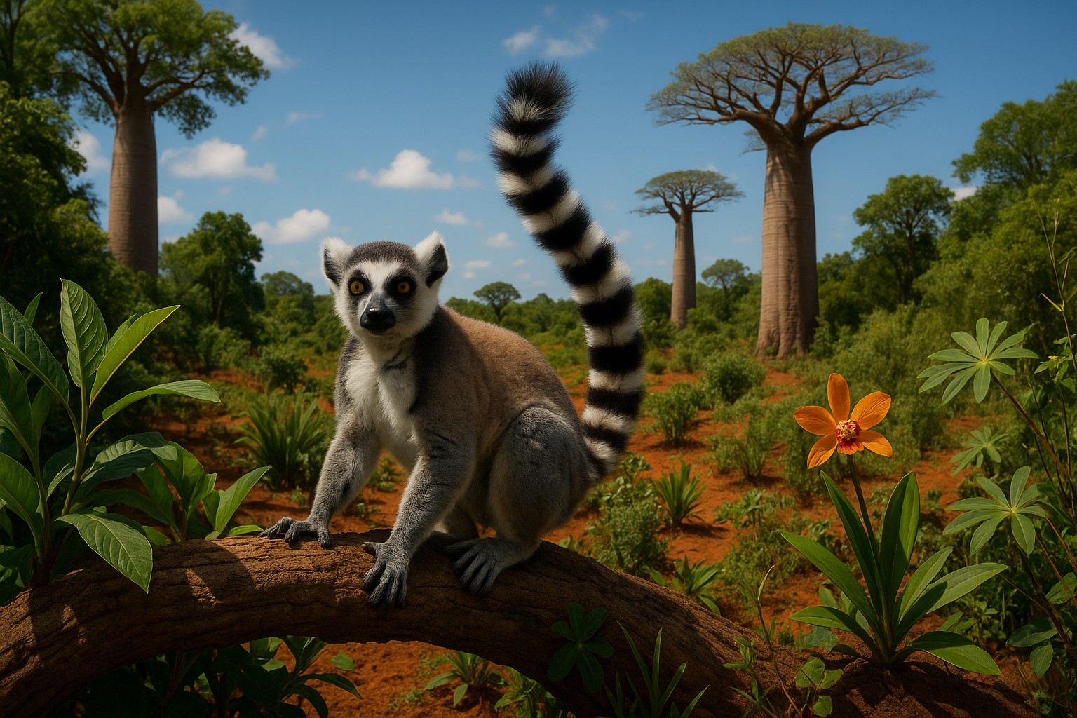 Ringelschwanzmaki sitzt auf einem Ast vor den ikonischen Baobab-Bäumen Madagaskars, umgeben von grüner Vegetation und roter Erde.