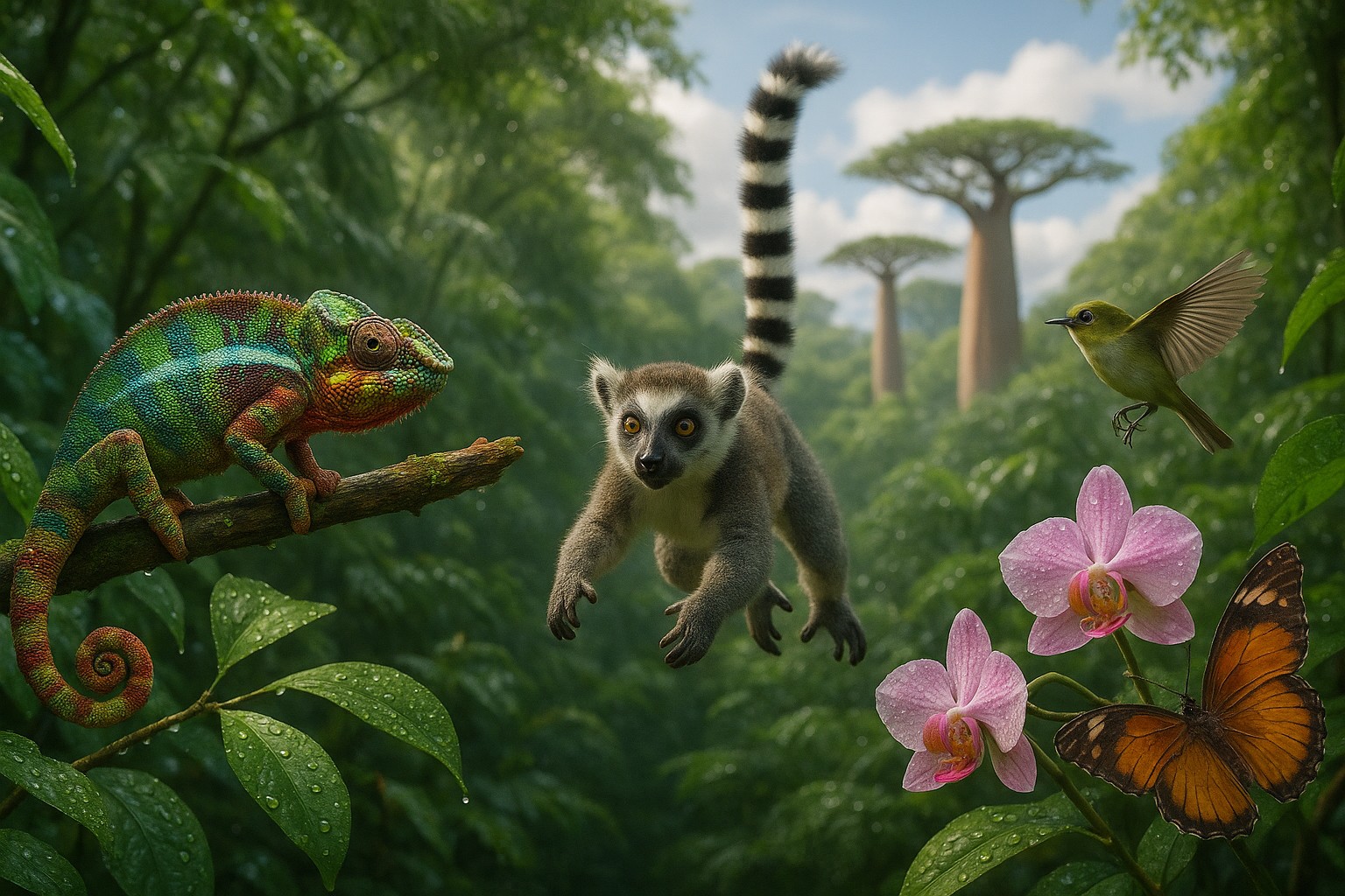 Eine detailreiche Szene aus Madagaskars Regenwald: Ein farbenfrohes Chamäleon sitzt auf einem Ast mit Tautropfen, während ein Lemur mit gestreiftem Schwanz durch die Luft springt. Im Vordergrund blühen pinke Orchideen mit einem Schmetterling, daneben schwebt ein kleiner endemischer Vogel. Im Hintergrund ragen Baobab-Bäume über dem dichten Grün empor.