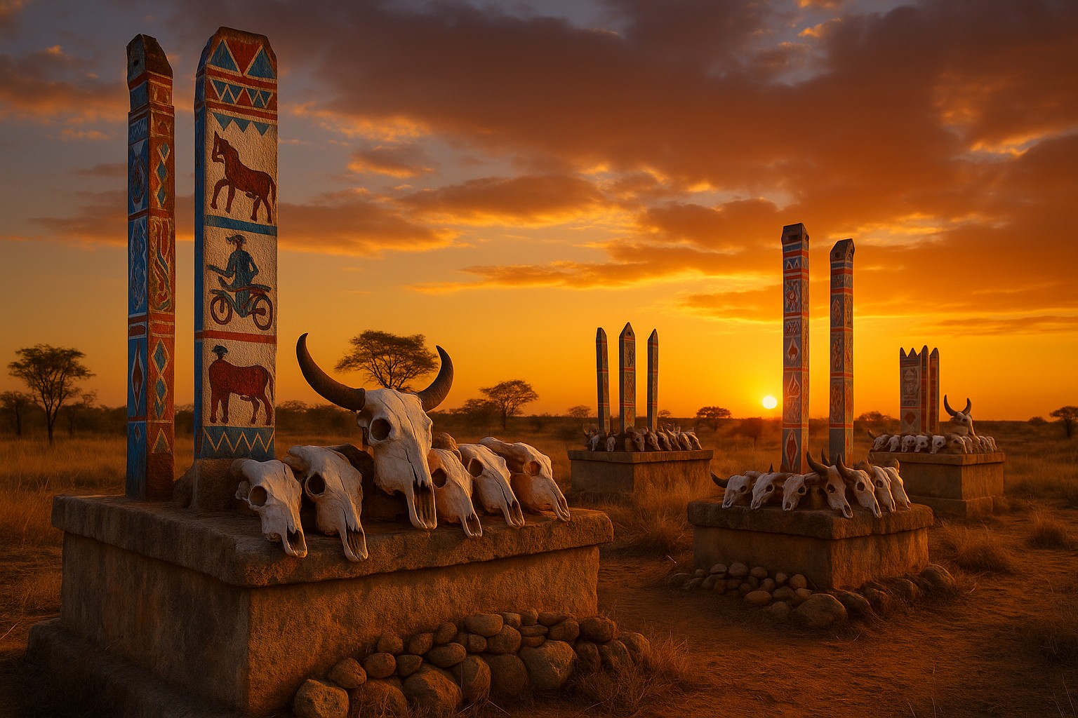 Mahafaly-Gräber im Südwesten Madagaskars bei Sonnenuntergang, geschmückt mit bemalten Aloalo-Holzpfosten und sorgfältig angeordneten Zebuschädeln.