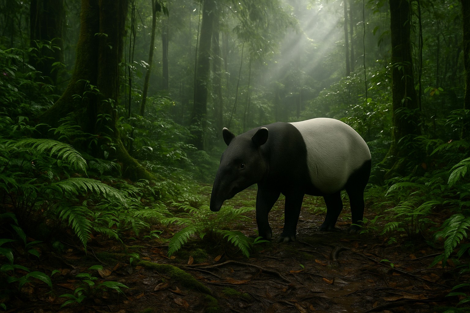 Ein Malaiischer Tapir bewegt sich durch den feuchten Regenwald von Taman Negara. Sonnenstrahlen durchbrechen das Blätterdach und beleuchten sein markantes schwarz-weißes Fell.