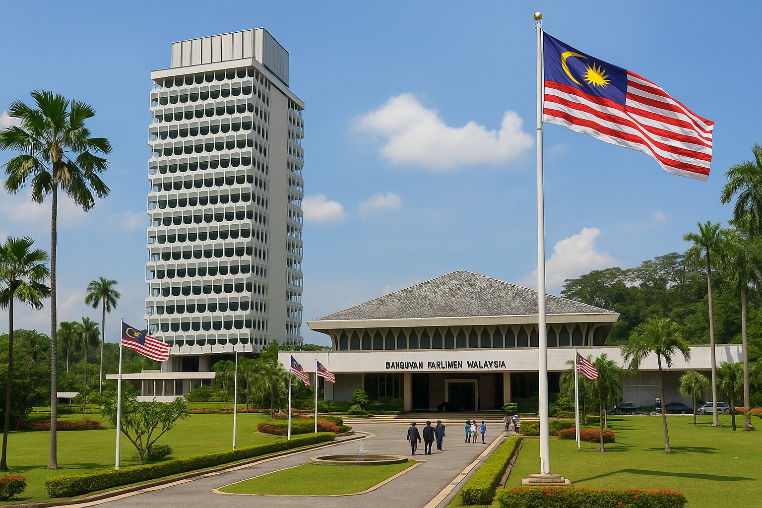 Das Parlamentsgebäude Malaysias in Kuala Lumpur bei Tageslicht, mit seinem markanten Turm und dem flachen Dachbau. Vor dem Gebäude wehen mehrere malaysische Flaggen, während Besucher und Beamte den Eingang betreten.