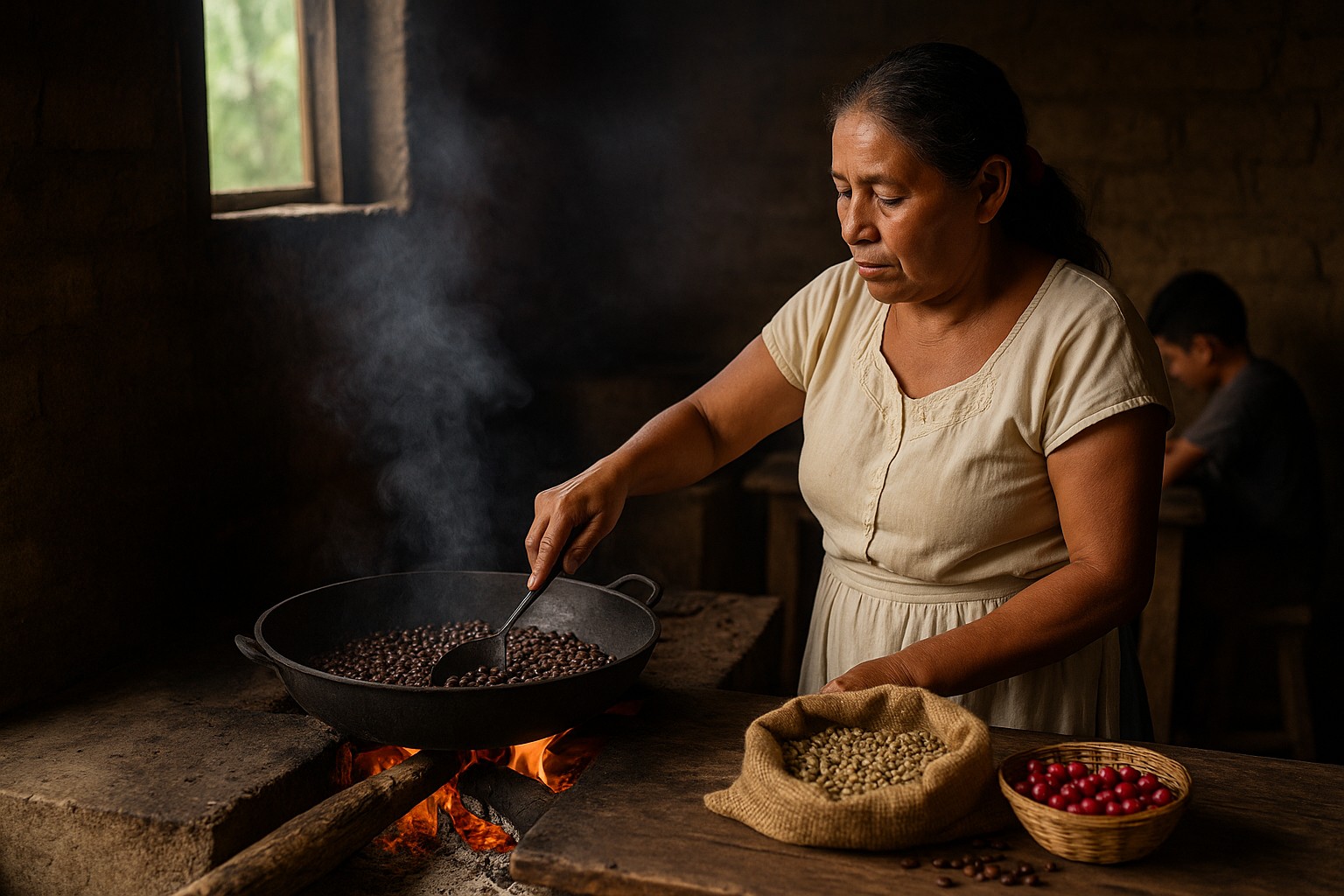 Eine honduranische Frau röstet Kaffeebohnen in einer schwarzen Pfanne über offenem Holzfeuer, während neben ihr grüne Bohnen und rote Kaffeekirschen in Körben liegen.
