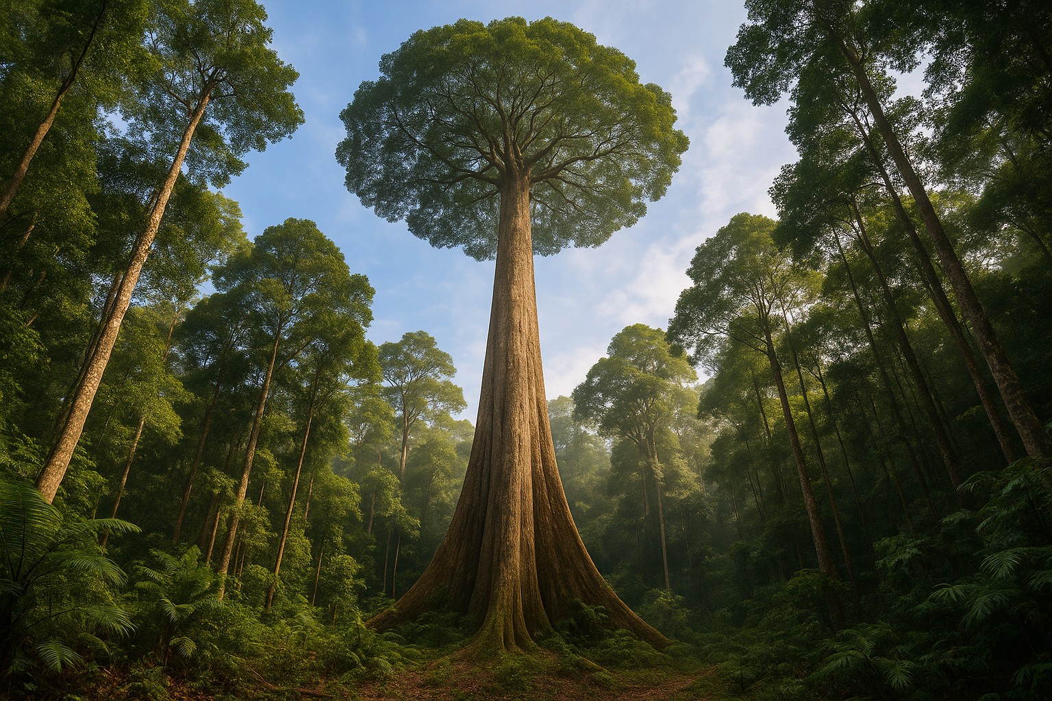 Die „Menara“-Shorea faguetiana erhebt sich majestätisch im Regenwald des Danum Valley in Sabah, von unten nach oben fotografiert; breiter Stamm, weit ausladende Krone, warmes Sonnenlicht und leichter Dunst zwischen dichtem Grün.